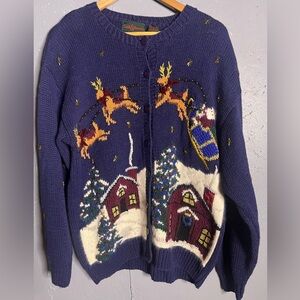 Croft & Barrow Knitted By Hand Cardigan Sweater Christmas Santa SZ M in Blue